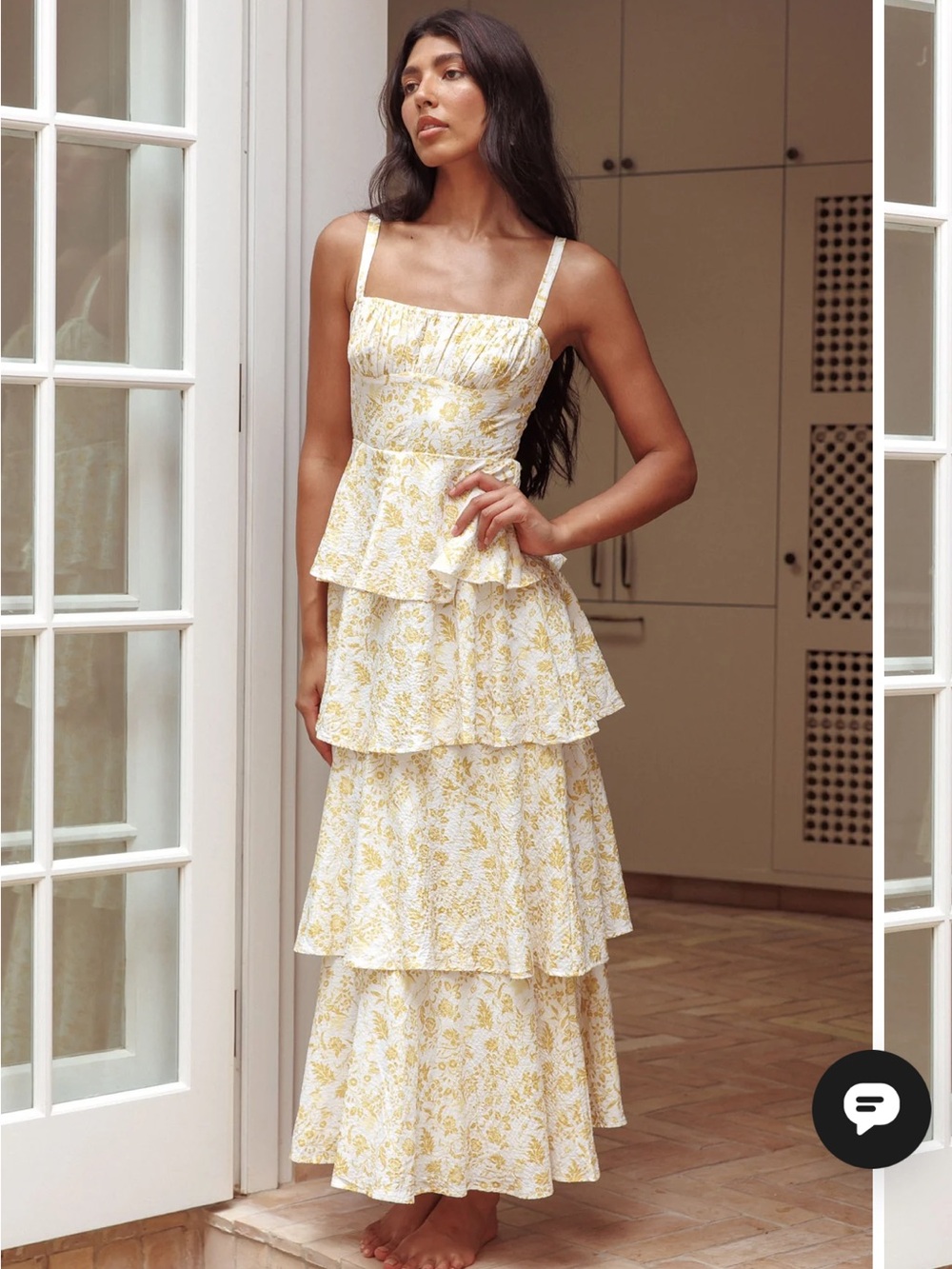 Selfie Leslie Provence Bloom Yellow Floral Tiered Midi Dress NWT